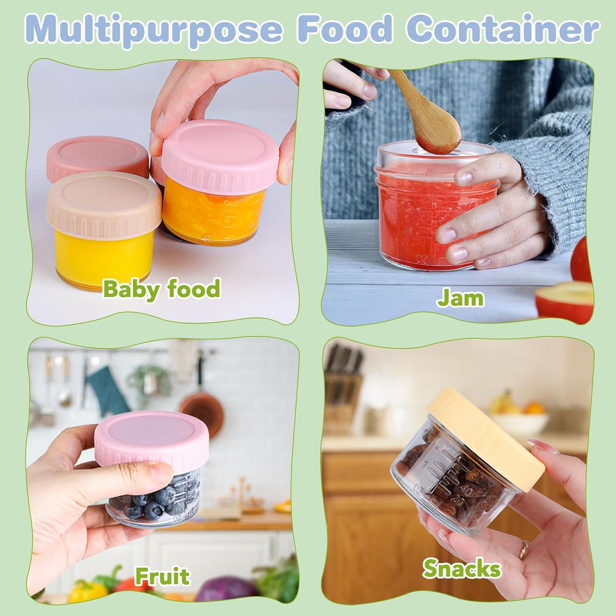 RowinsyDD Baby Food Containers, 4 oz, 8 Pack, Glass Jars with Lids