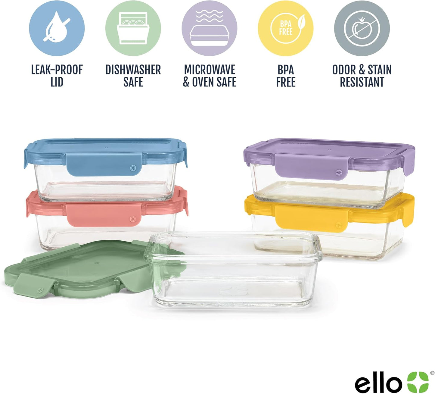 Ello Color Lock 3.4 Cup Glass Meal Prep Containers & Lids, 5 Pack, Desert