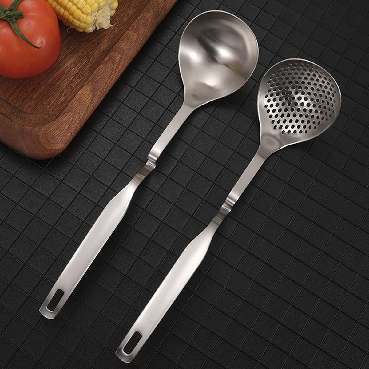 Peohud 4 Pack Soup Ladle Soup Colander, SUS304 Stainless Steel Slotted Hot Pot Ladle Strainer Scoops, Thickening Cooking Skimmer Cookware Utensil for Hotpot Scooping Sauce Serving, 12 Inch