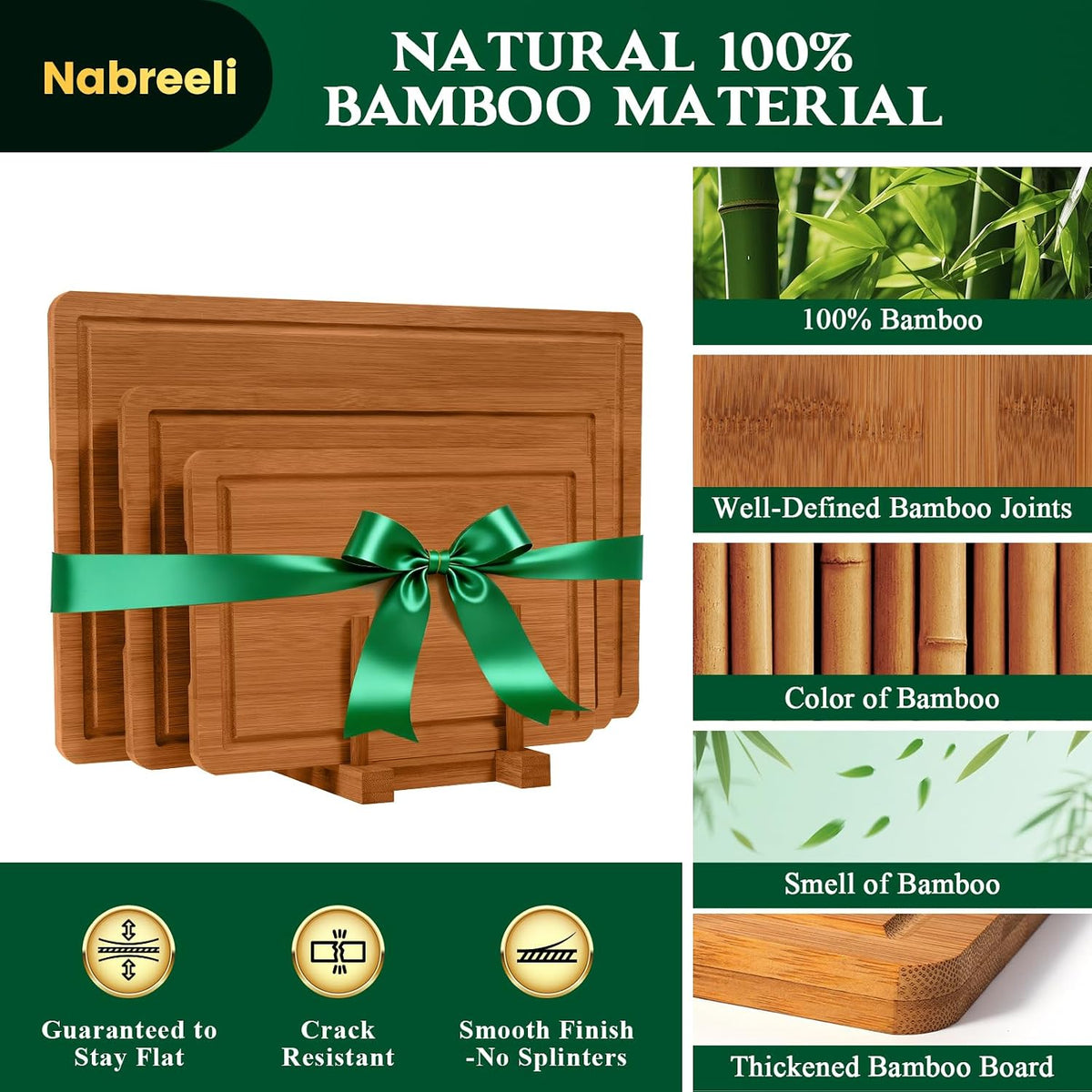 Bamboo Cutting Board Set of 3 with Stand, Carbonized Bamboo, Juice Groove