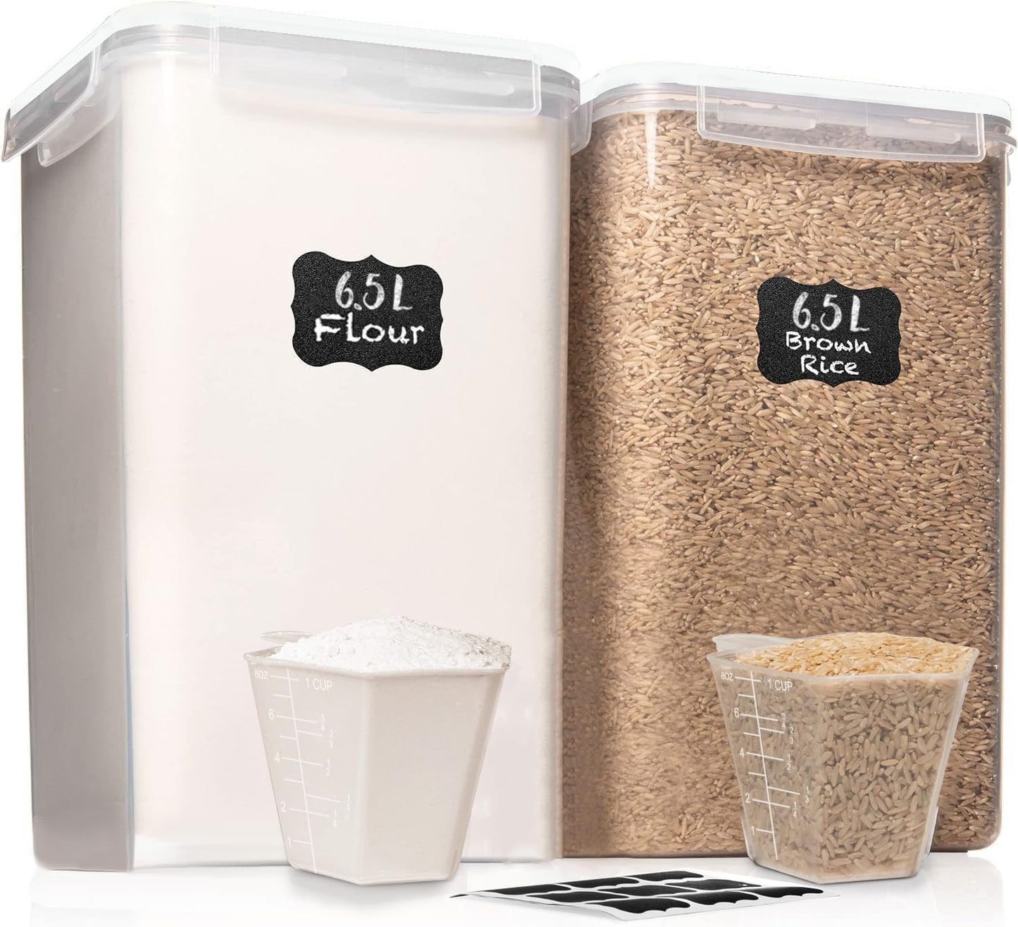 WHITE FEATHER SUPPLIES 2 PC [7 Qt / 6.5L / 220 Oz] Large Food Storage Containers with Lids Airtight - BPA Free Clear Plastic Kitchen and Pantry Storage Containers for Cereal, Flour, Sugar, Rice