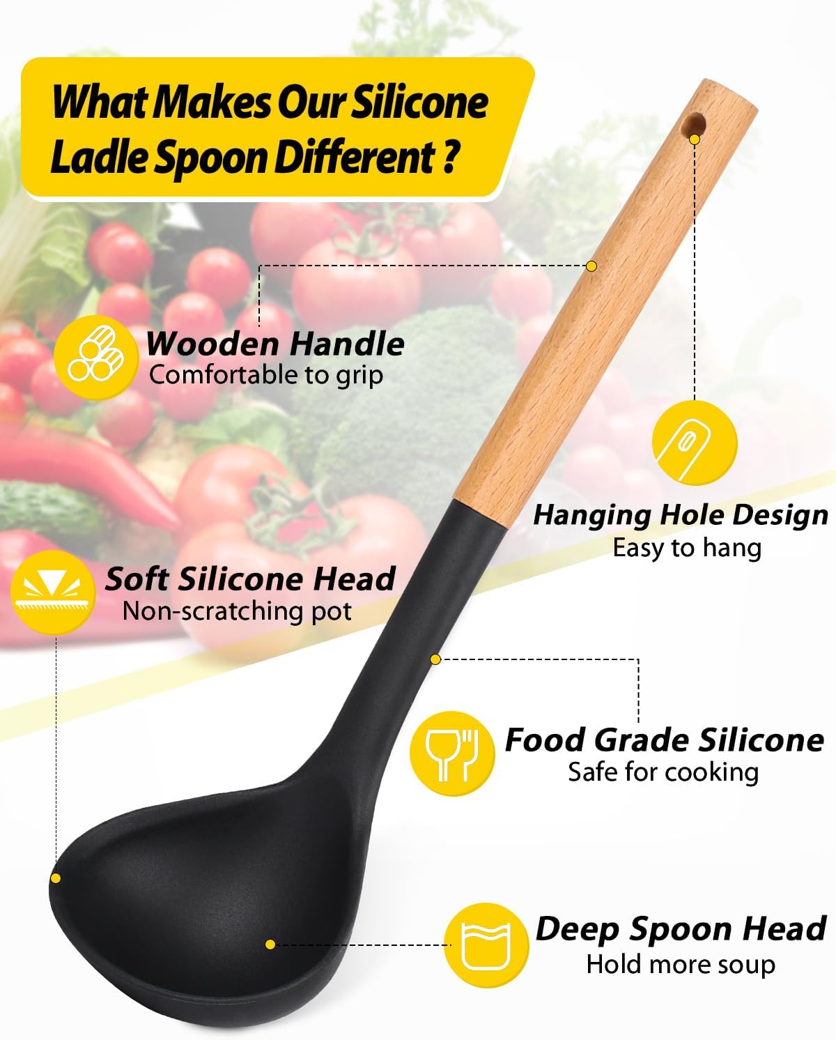 Pack of 2 Soup Ladle, Silicone Ladle Spoon with Wooden Handle, Large Non Stick High Heat Resistant Kitchen Utensils for Cooking, Stirring, Serving Soups(BLACK-GRAY)