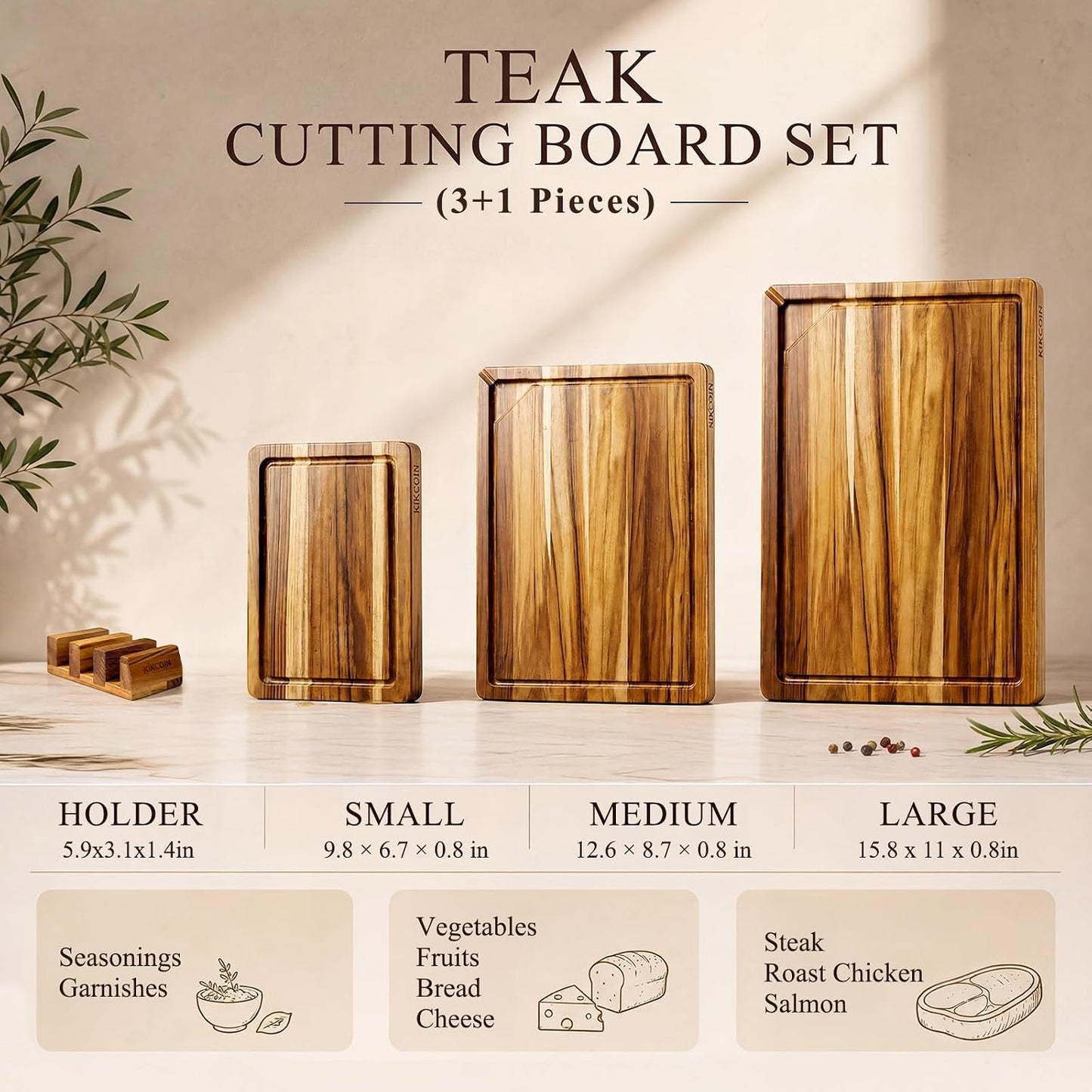 Kikcoin Teak Wood Cutting Board for Kitchen with Storage Stand, Pre-Oiled Wooden Cutting Board Set of 3, Large Butcher Block Charcuterie Boards with Juice Groove for Meat, Cheese, Pizza