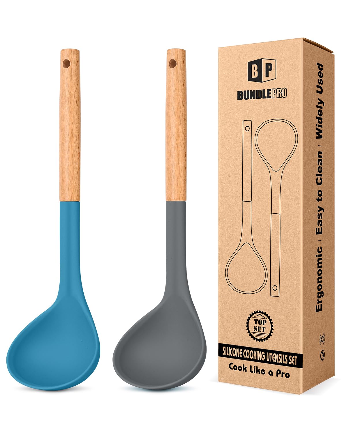 Pack of 2 Soup Ladle, Silicone Ladle Spoon with Wooden Handle, Large Non Stick High Heat Resistant Kitchen Utensils for Cooking, Stirring, Serving Soups(BLACK-GRAY)