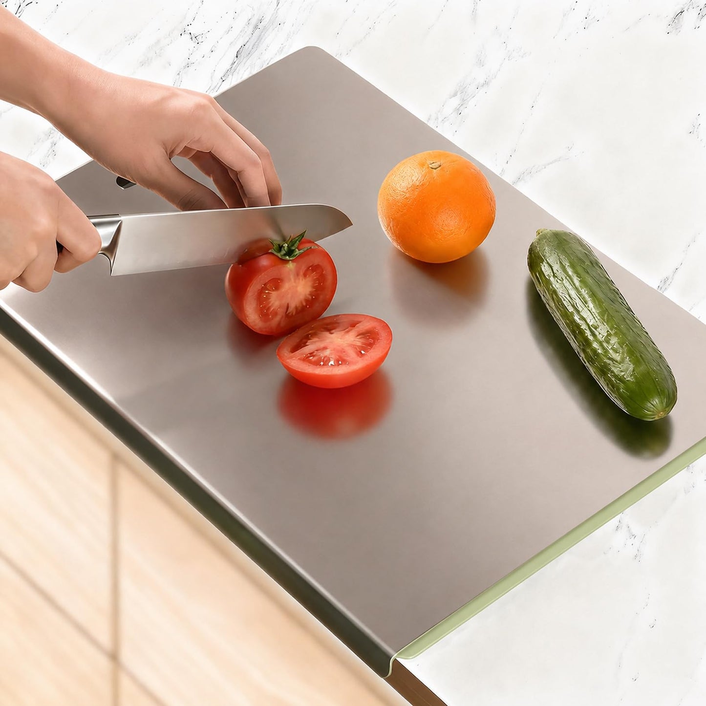 Large Stainless Steel Cutting Board with Lip for Kitchen, Chopping Boards with Blue Non-slip Mat, Cutting Board with Counter Lip for Meat, Fruits, Vegetables, Bread,Dough(15.7" × 11.8")