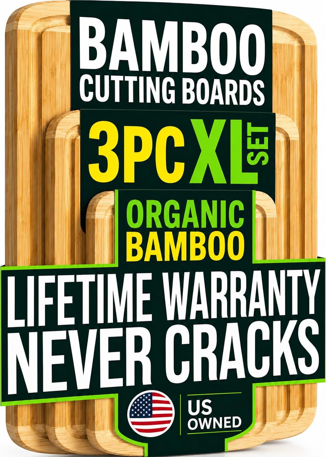 INDESTRUCTIBLE Extra Large Bamboo Cutting Board Set of 3 with Vertical Grain Strength Technology - XL Wood Cutting Boards for Kitchen and Lightweight Chopping Board Set - Replacements for Life