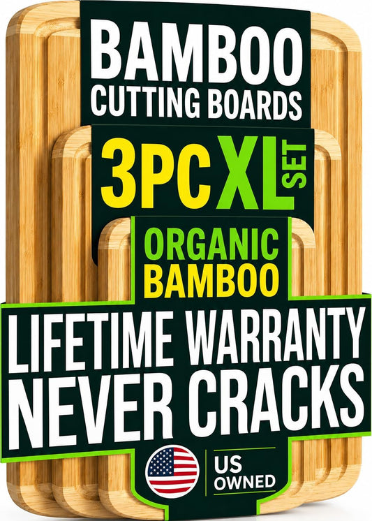 INDESTRUCTIBLE Extra Large Bamboo Cutting Board Set of 3 with Vertical Grain Strength Technology - XL Wood Cutting Boards for Kitchen and Lightweight Chopping Board Set - Replacements for Life