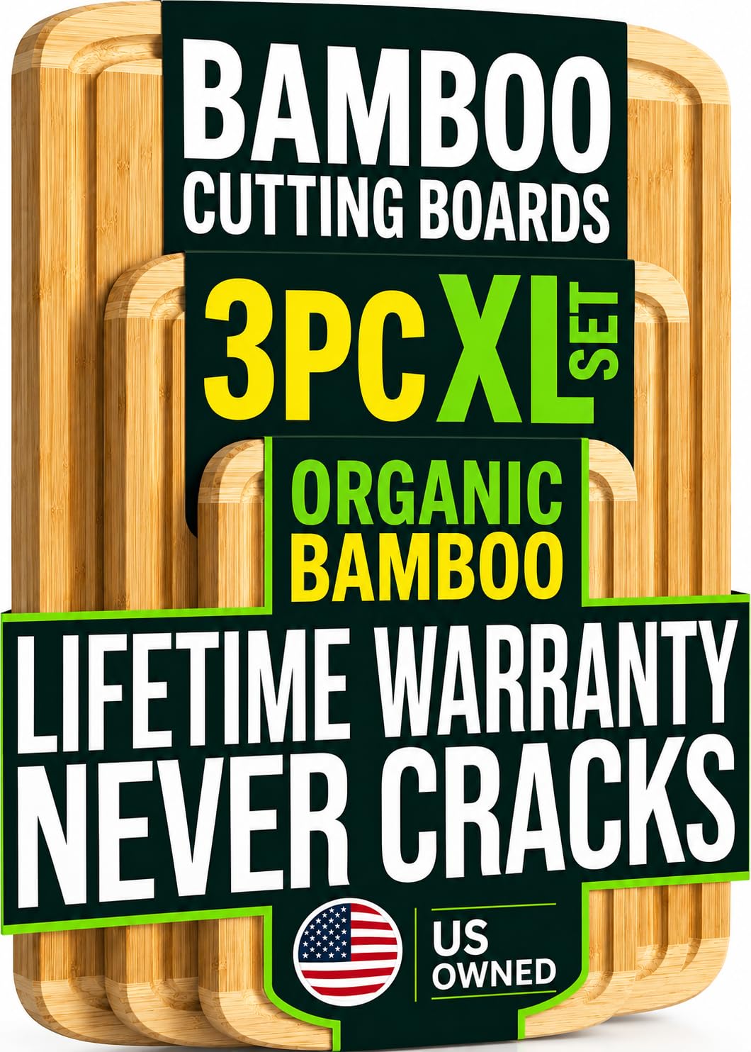 INDESTRUCTIBLE Extra Large Bamboo Cutting Board Set of 3 with Vertical Grain Strength Technology - XL Wood Cutting Boards for Kitchen and Lightweight Chopping Board Set - Replacements for Life