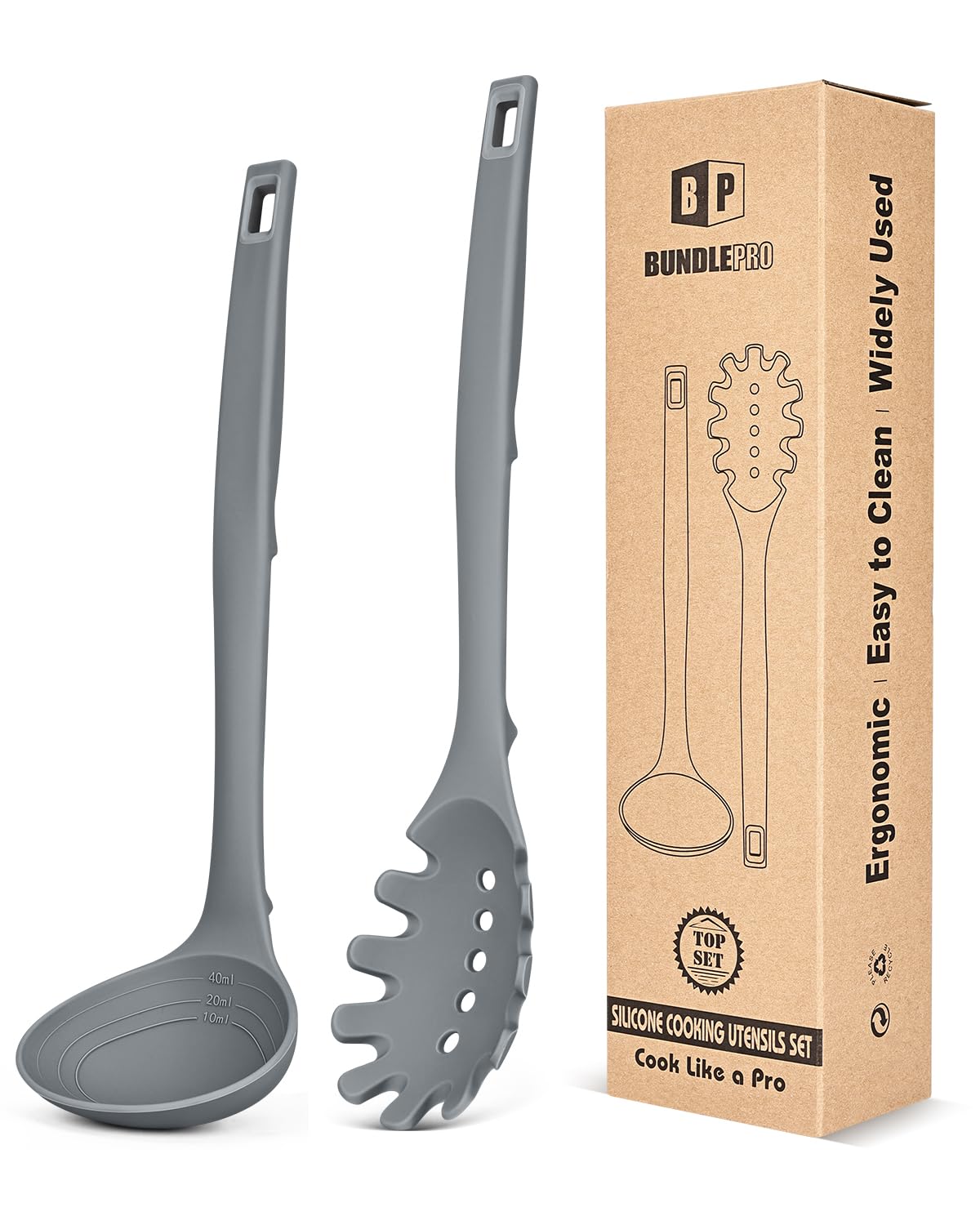 Silicone Pasta Fork and Soup Ladle Set, Heat Resistant Non Stick Kitchen Utensils with Back Hooks, Suitable for Cooking, Stirring, Serving Spaghetti, Soup, Sauce(KHAKI)