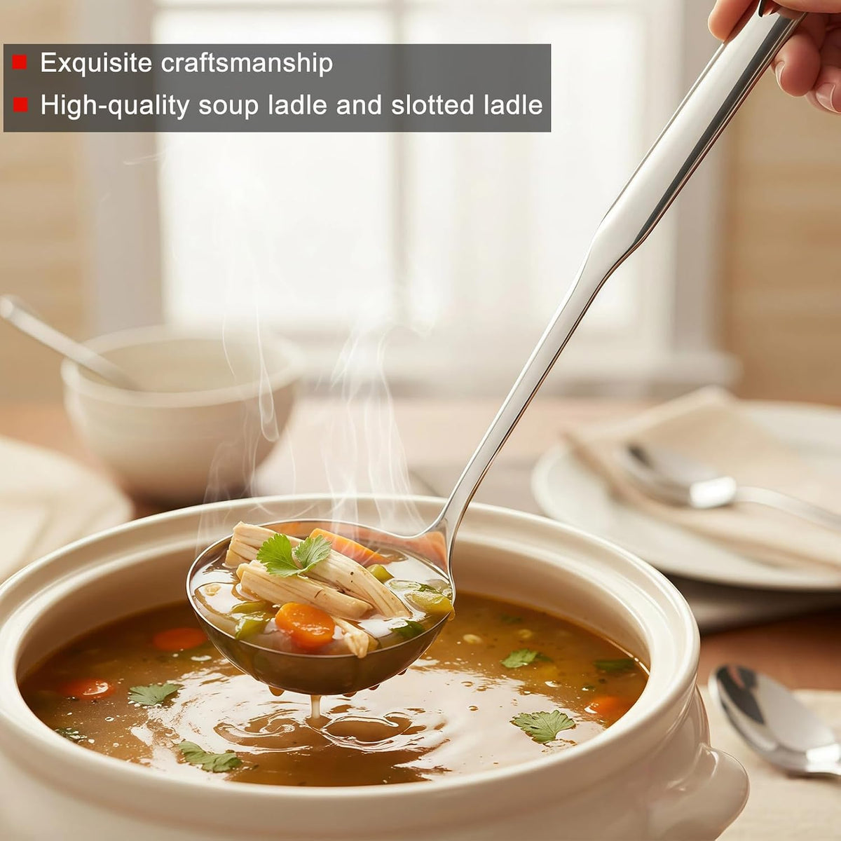 Soup Ladle 18/10 Stainless Steel and Slotted Spoons with Holes 2 Pack Set,316 Metal Heavy Duty Deep Spoon Gravy Punch Ladles for Serving Soup,Gravy,Draining,Kitchen Cooking,Hot Pot(11.8inchs)