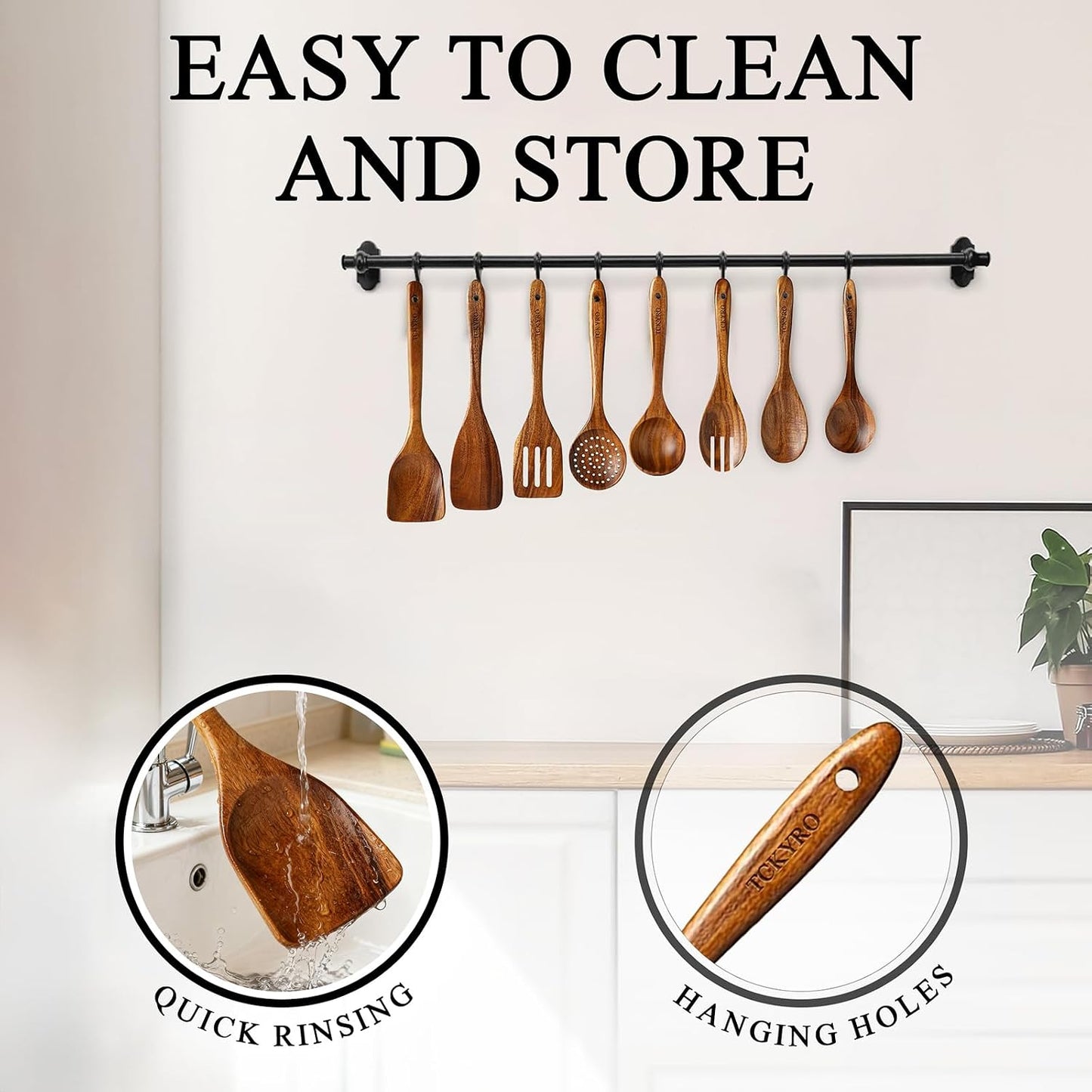 8 Piece Wooden Kitchen Utensils Set, Teak Wooden Spoons for Cooking