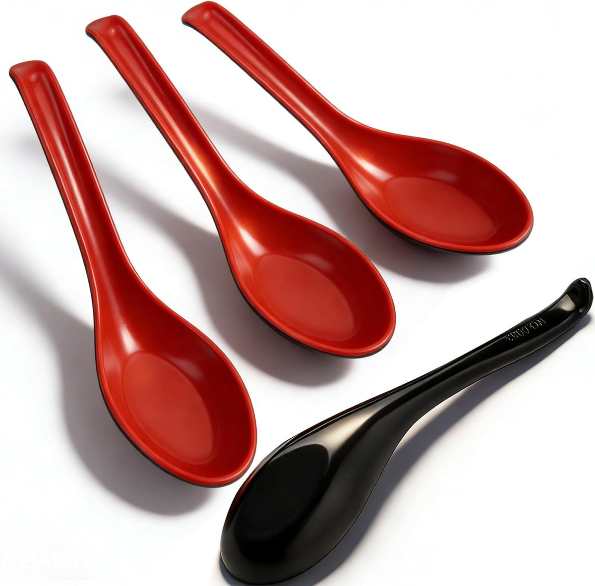 4PCS Asian Soup Spoons, Chinese Japanese Miso Ramen Wonton Dumpling Pho Rice Noodle Soba Soup Spoons, Red and Black Melamine Spoons