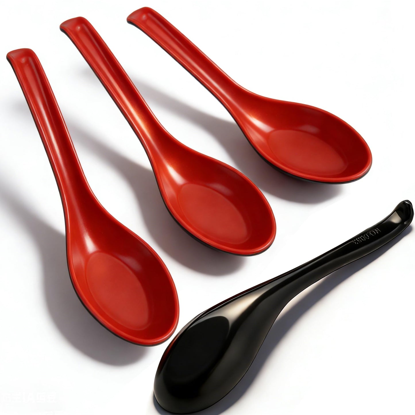 4PCS Asian Soup Spoons, Chinese Japanese Miso Ramen Wonton Dumpling Pho Rice Noodle Soba Soup Spoons, Red and Black Melamine Spoons