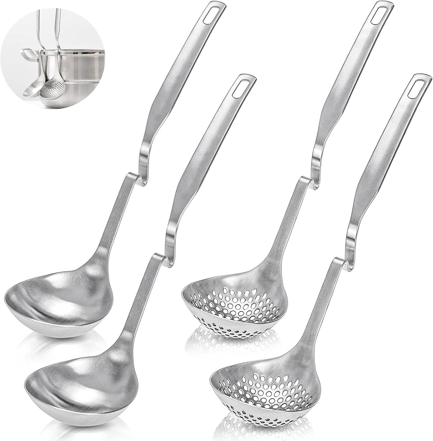 Peohud 4 Pack Soup Ladle Soup Colander, SUS304 Stainless Steel Slotted Hot Pot Ladle Strainer Scoops, Thickening Cooking Skimmer Cookware Utensil for Hotpot Scooping Sauce Serving, 12 Inch