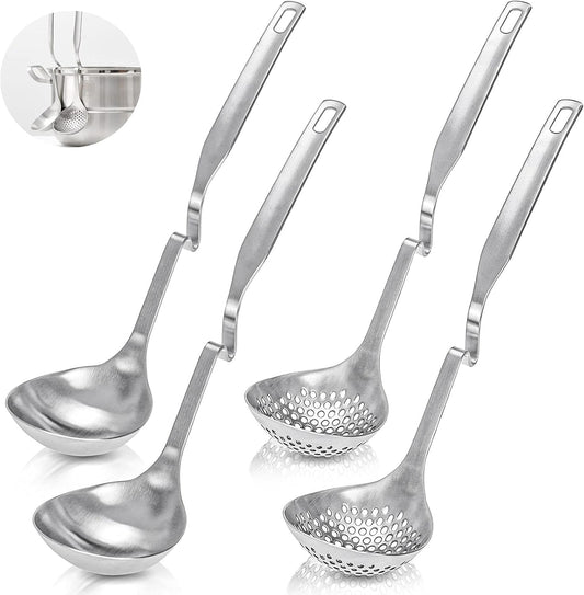 Peohud 4 Pack Soup Ladle Soup Colander, SUS304 Stainless Steel Slotted Hot Pot Ladle Strainer Scoops, Thickening Cooking Skimmer Cookware Utensil for Hotpot Scooping Sauce Serving, 12 Inch