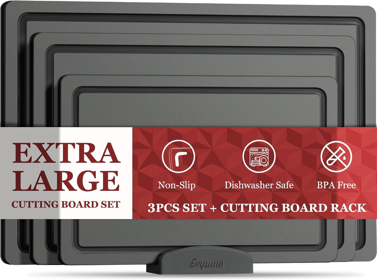 Empune 3-Piece Plastic Cutting Boards for Kitchen - Thick & Non-Slip Chopping Board Set with Juice Grooves, Dishwasher Safe, BPA Free, Includes Large & Small Sizes, Gray