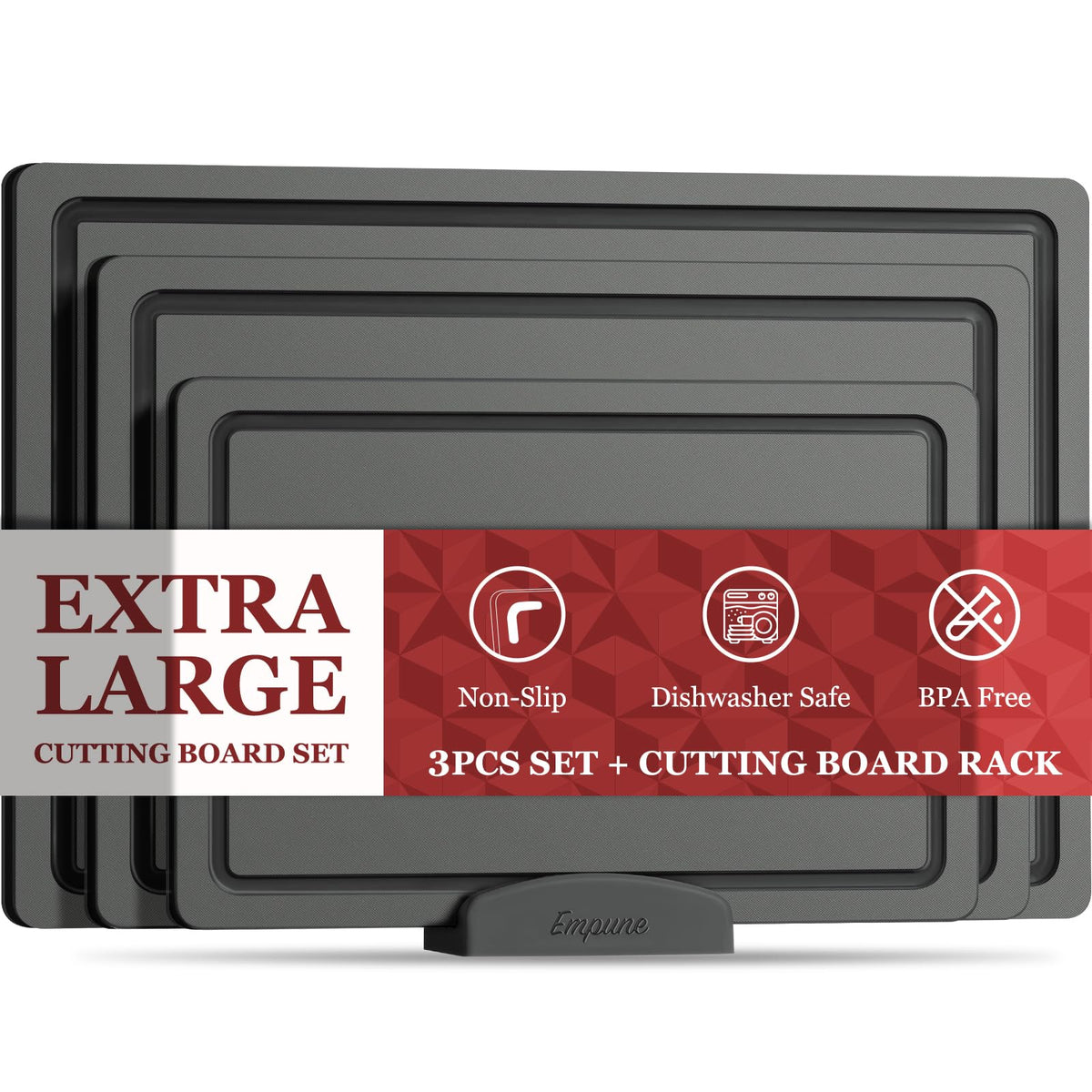 Empune 3-Piece Plastic Cutting Boards for Kitchen - Thick & Non-Slip Chopping Board Set with Juice Grooves, Dishwasher Safe, BPA Free, Includes Large & Small Sizes, Gray