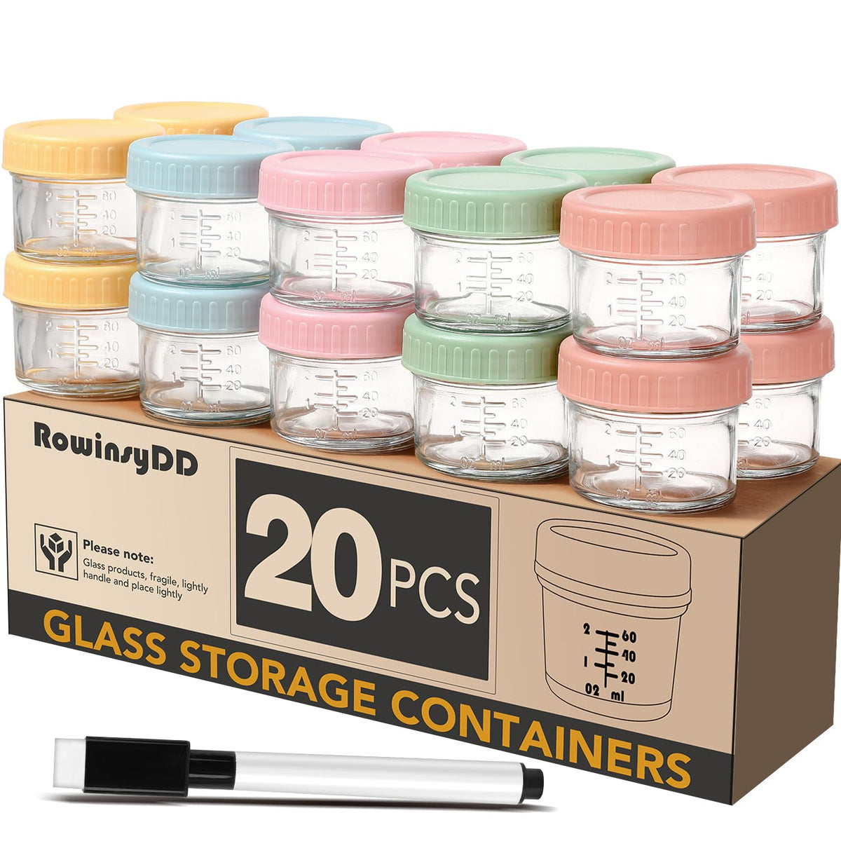 RowinsyDD Baby Food Containers, 4 oz, 8 Pack, Glass Jars with Lids