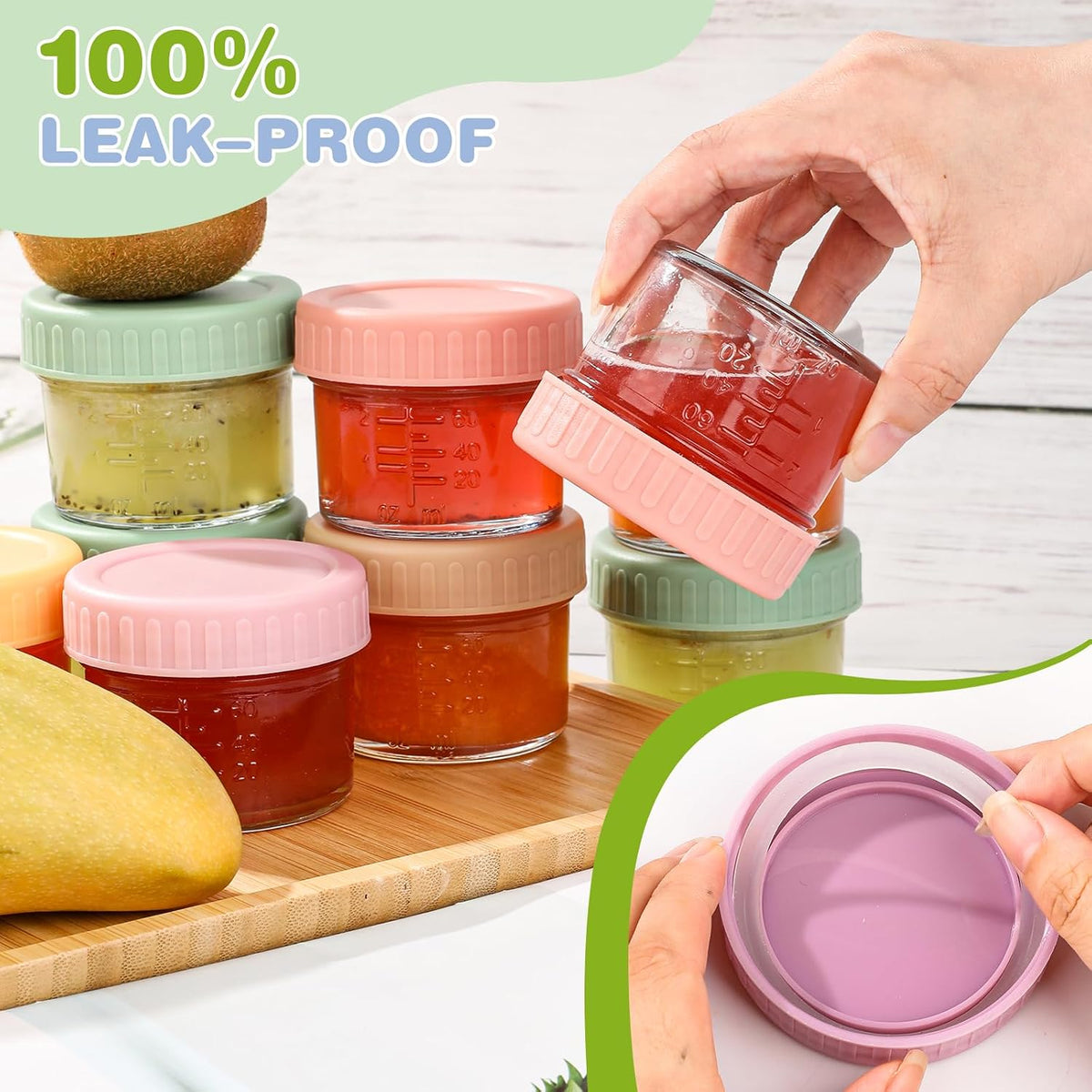 RowinsyDD Baby Food Containers, 4 oz, 8 Pack, Glass Jars with Lids