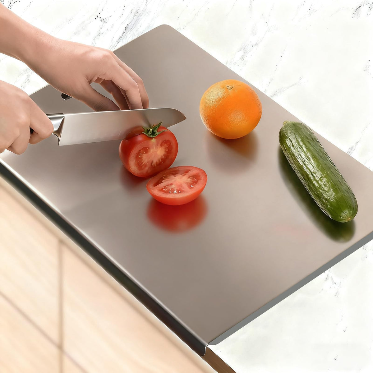 Large Stainless Steel Cutting Board with Lip for Kitchen, Chopping Boards with Blue Non-slip Mat, Cutting Board with Counter Lip for Meat, Fruits, Vegetables, Bread,Dough(15.7" × 11.8")