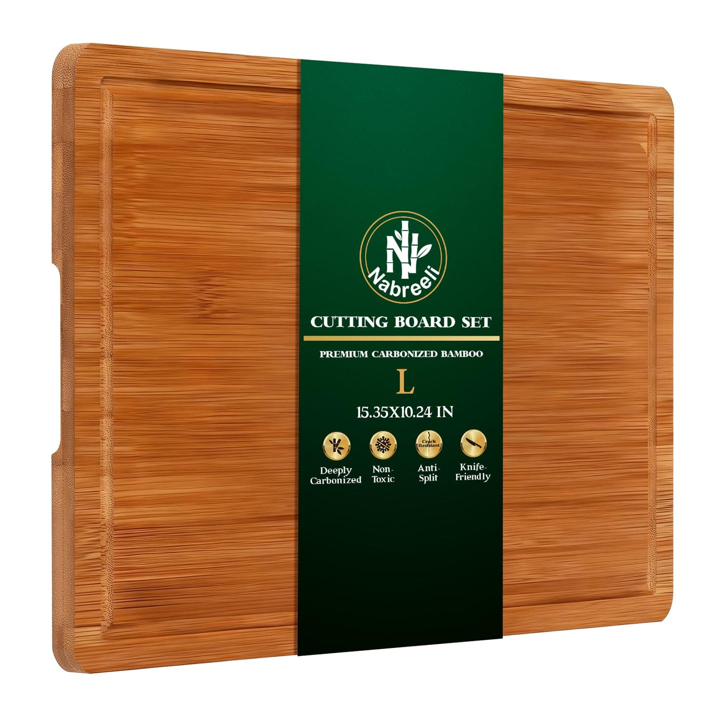 Bamboo Cutting Board Set of 3 with Stand, Carbonized Bamboo, Juice Groove