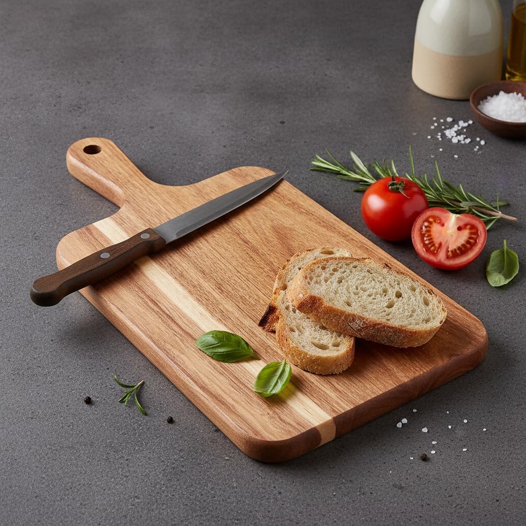 ZeQi Acacia Wood Cutting Board with Handle 13.7''X7'', Charcuterie Board, Serving Board for Cheese, Bread, Meat, Vegetables & Fruits, Natural Wooden Chopping Board for Kitchen