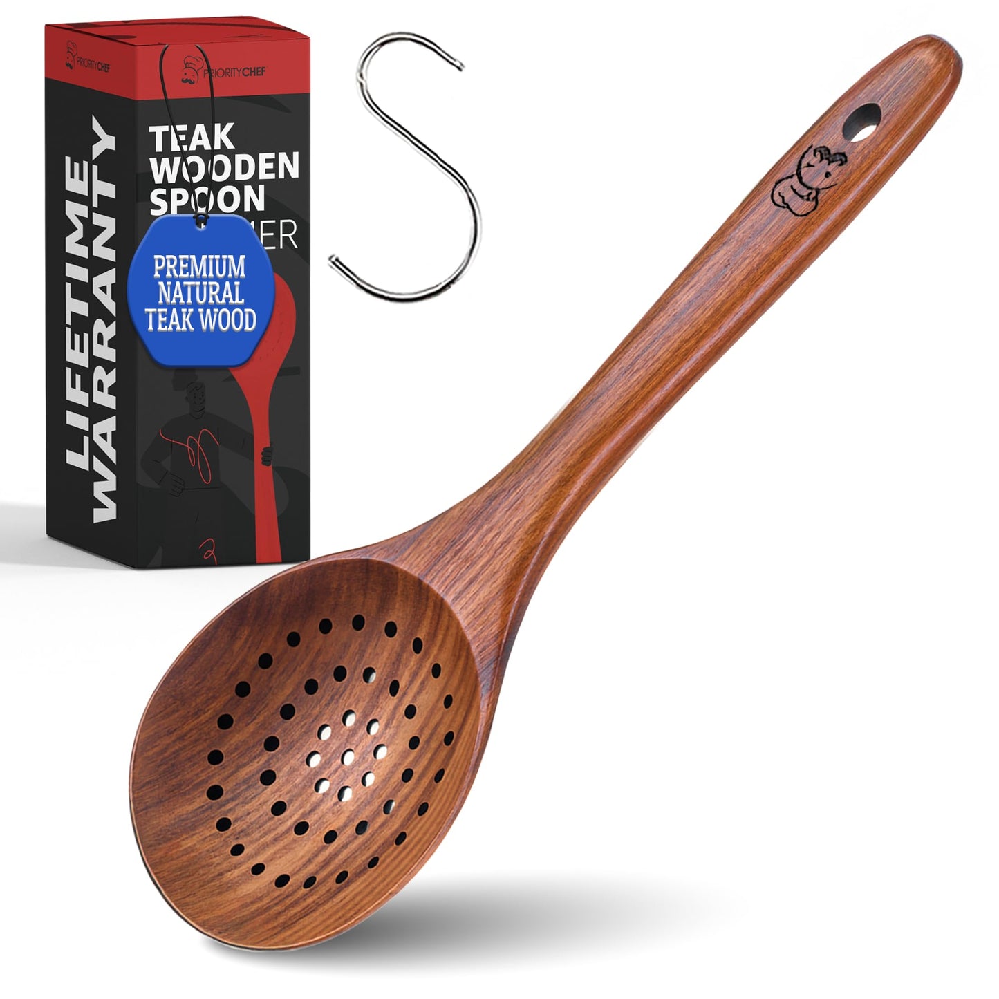 PriorityChef Premium Wooden Ladle for Soup - Handcrafted Teak Wooden Soup Spoon with Long Handle for Cooking and Serving - Deep Wood Ladel for Kitchen Use - Nonstick Safe Wood Ladle
