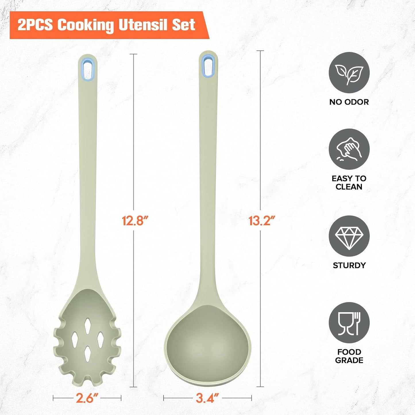 Silicone Spaghetti Spoon & Soup Ladle Cooking Utensils Set of 2 (Green)