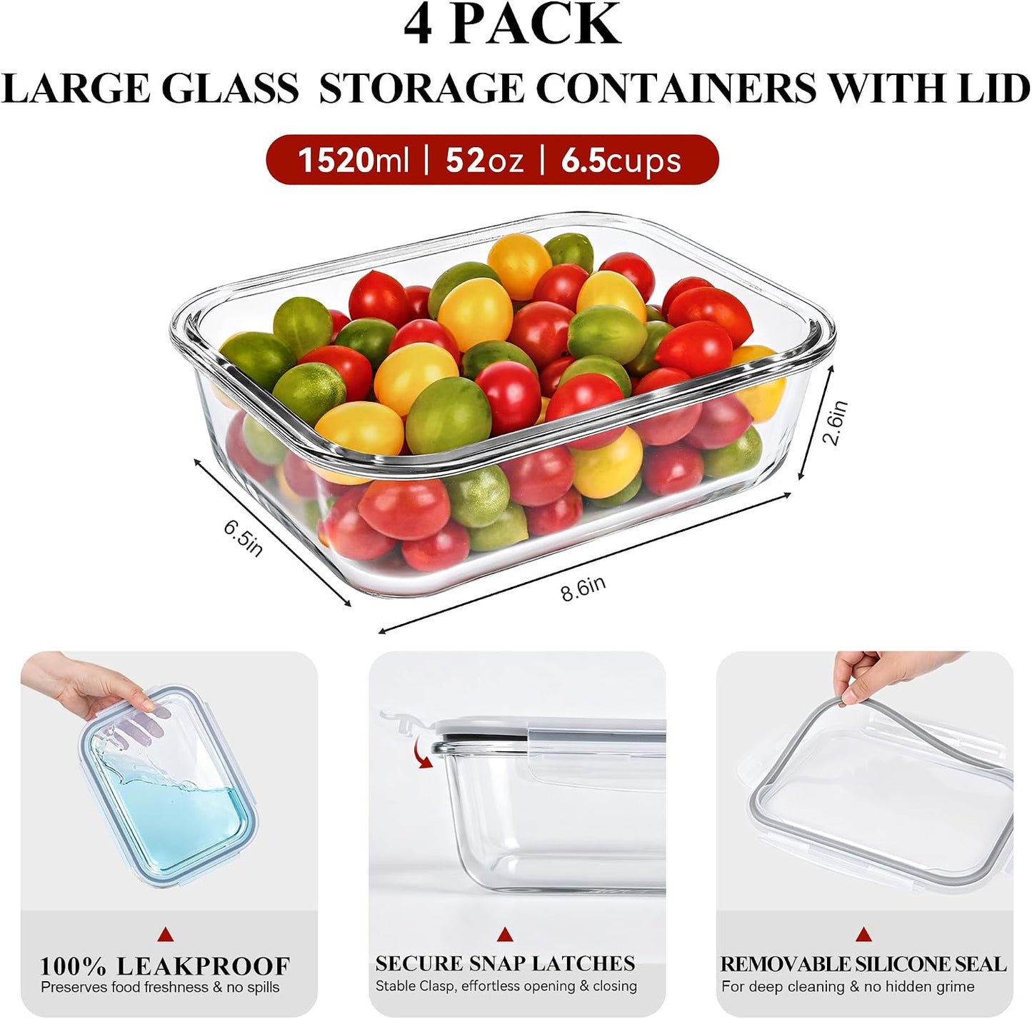 LOVYANXUE 4 Pack 52oz Large Glass Food Storage Containers with Lids, Meal Prep Containers with Airtight Lid for Storing, Baking, Serving, BPA-Free, Freezer, Microwave, Oven & Dishwasher Safe