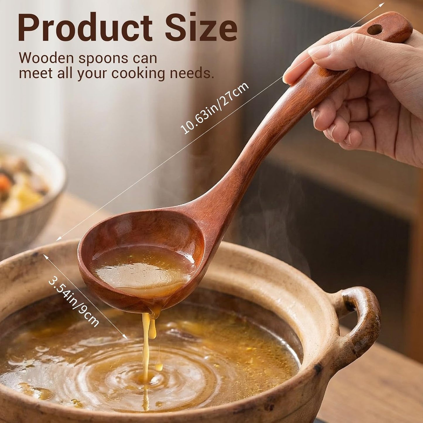 Wooden Ladle with Handle, 11" Wooden Soup Ladle 3 fl oz Extra Large Kitchen Wood Scoop Deep Teak Wood Spoon Utensil for Cooking Serving Cookware, Sustainable Natural Texture (Bigger and Deeper)