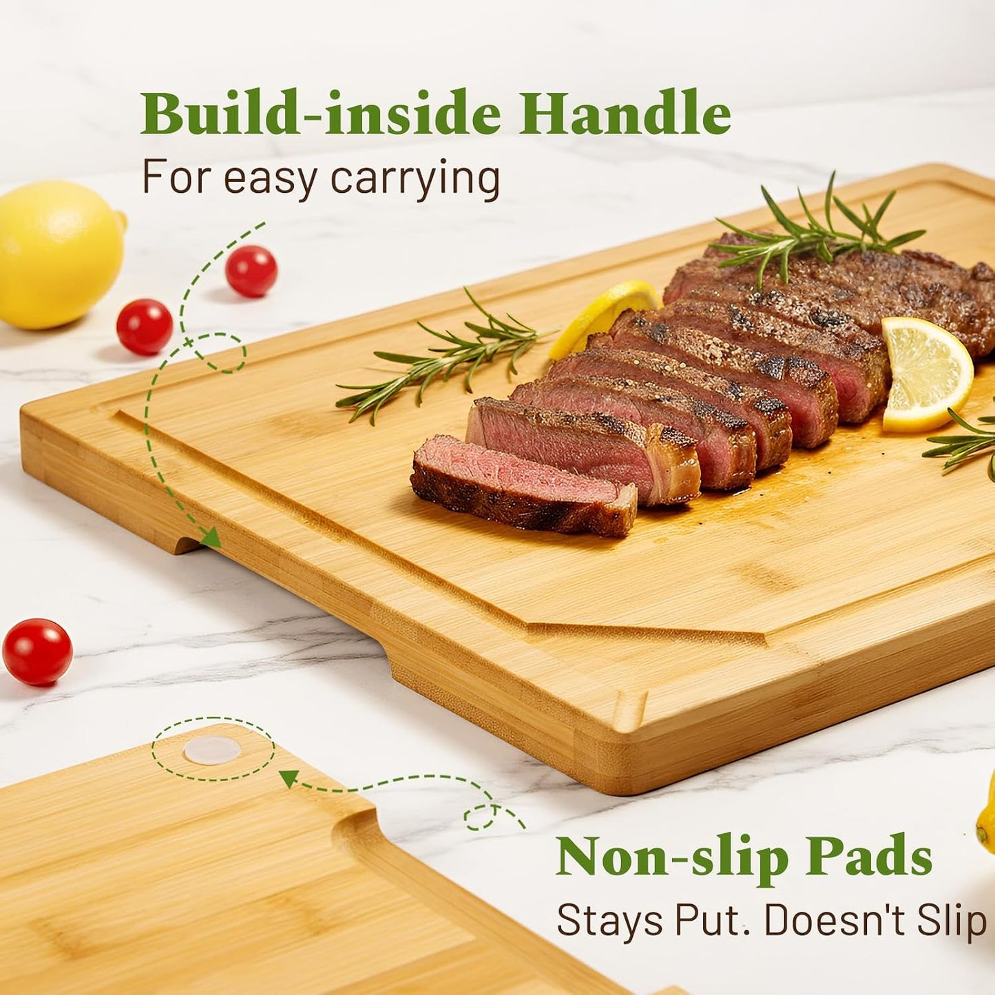 Kikcoin 3+1 Piece Self-Draining Bamboo Cutting Boards, Wooden Cutting Boards for Charcuterie, Vegetables, Cheese, Bread, Extra Large Chopping Boards with Deep Juice Groove and Handle, Natural
