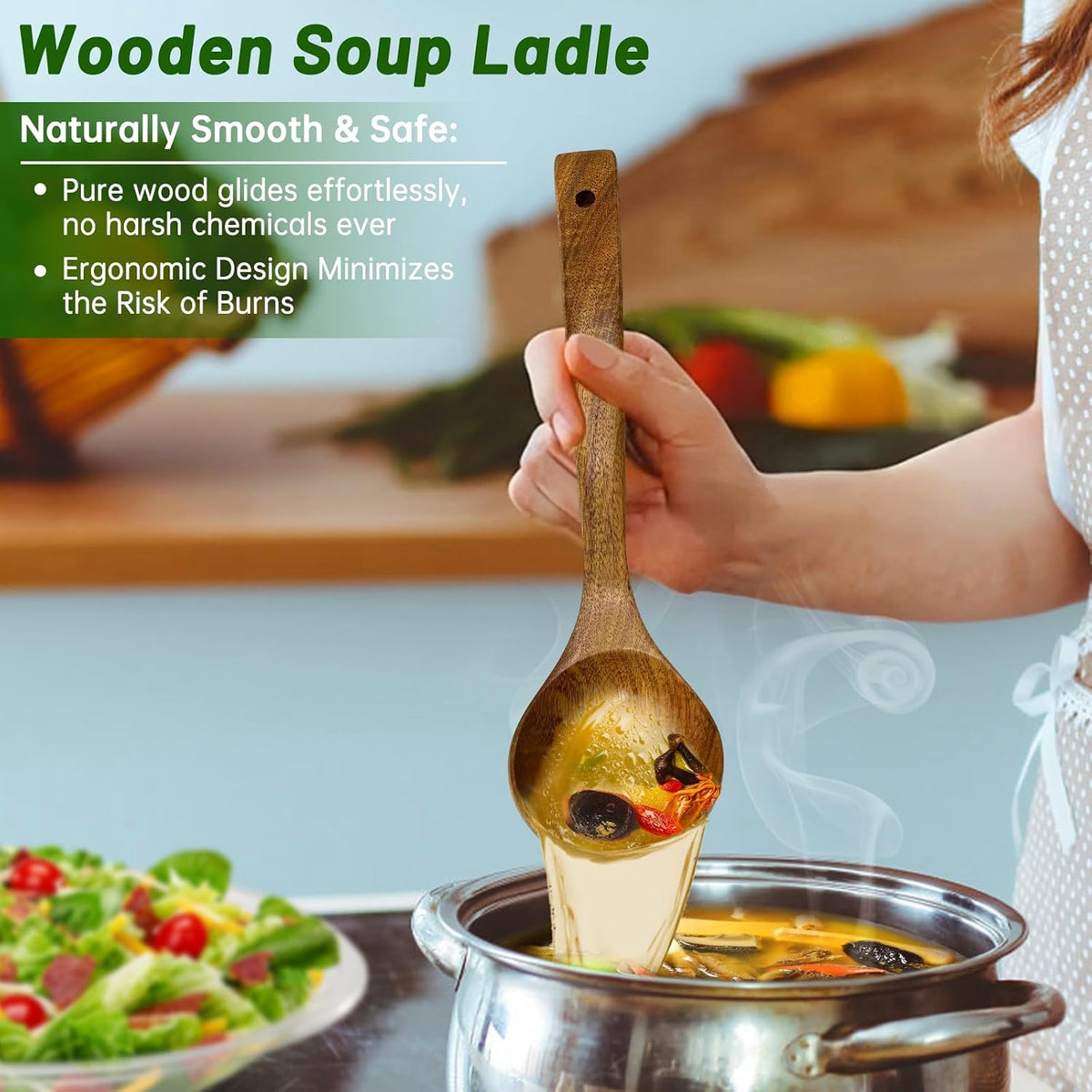 Wooden Ladle & Wooden Pasta Spoon Set, 2PCS Wooden Soup Ladle