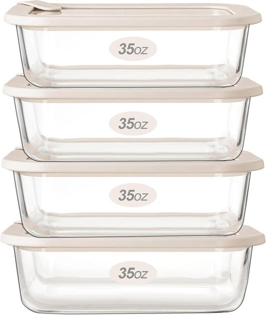 Urban Green Glass Food Storage Containers with Glass Lids, Microwave Safe Food Container Set, Airtight Food Container Set, LeakProof, 100% Plastic Free, White Color, 4pack