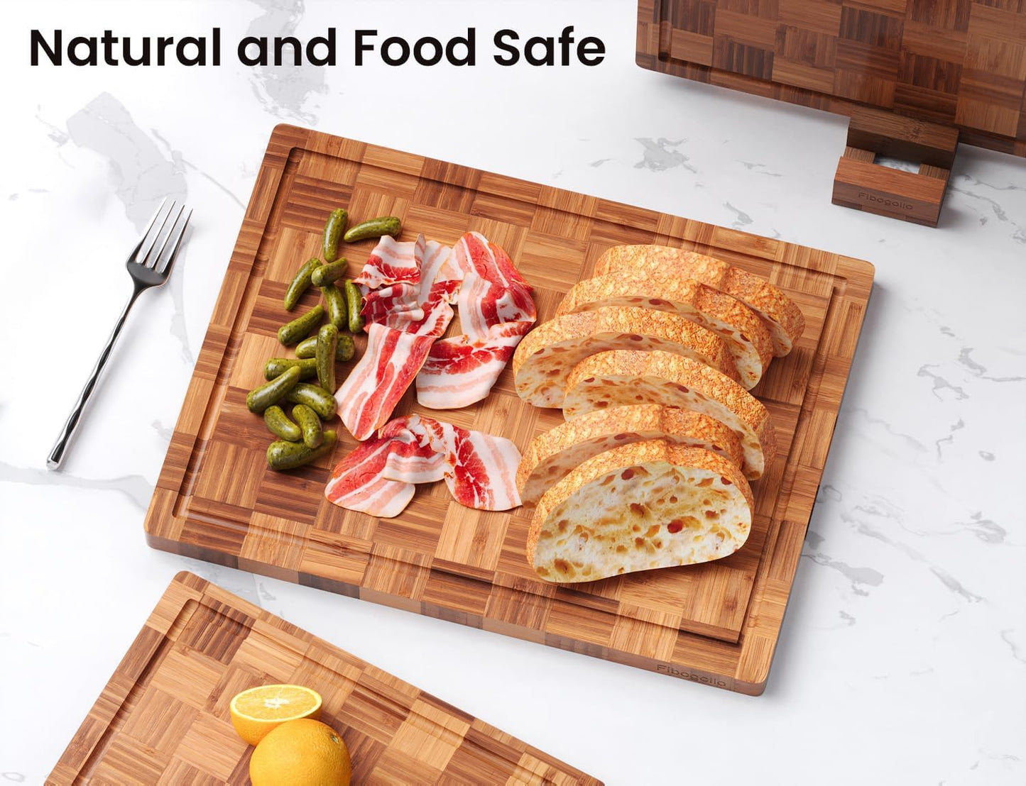 Fibogollo Set of 3 Bamboo Kitchen Cutting Boards with Juice Groove Large