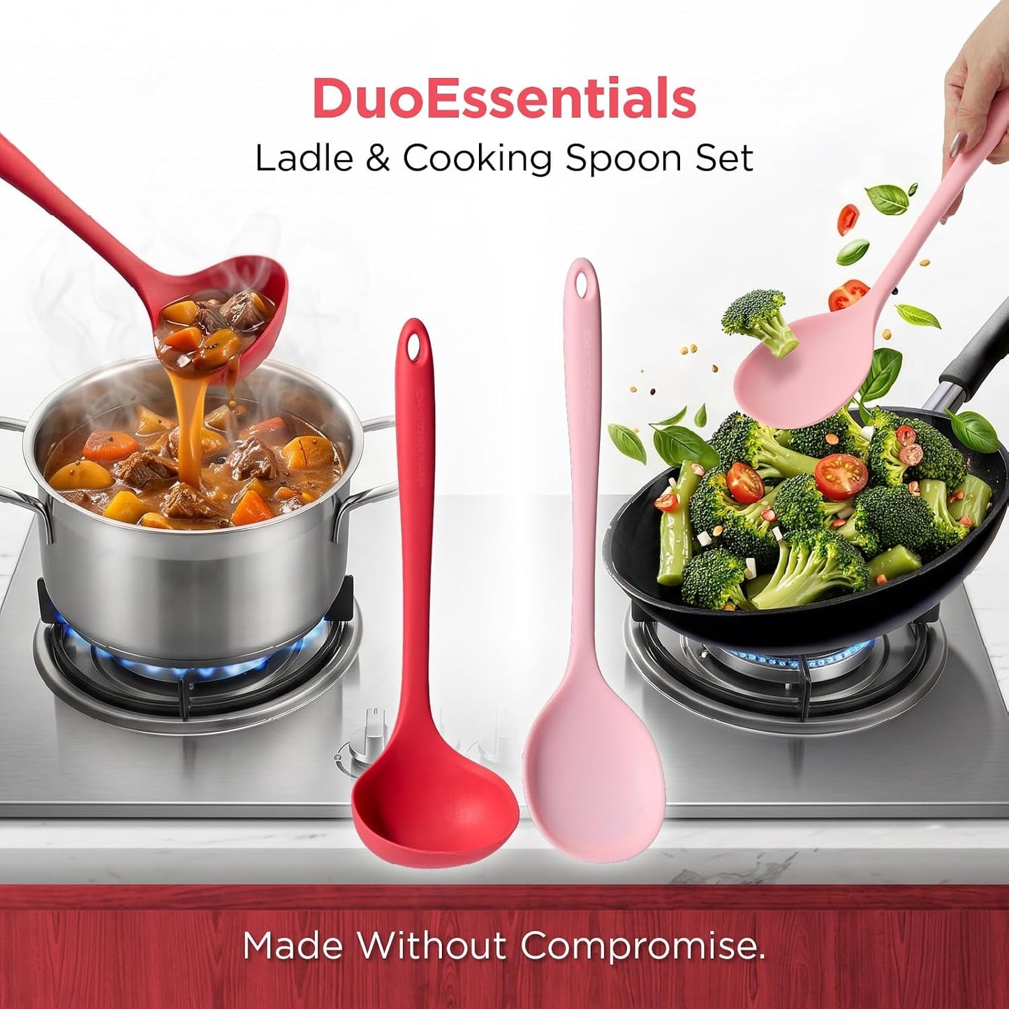 Kitchen Mama DuoEssentials Ladle & Cooking Spoon Set, Red