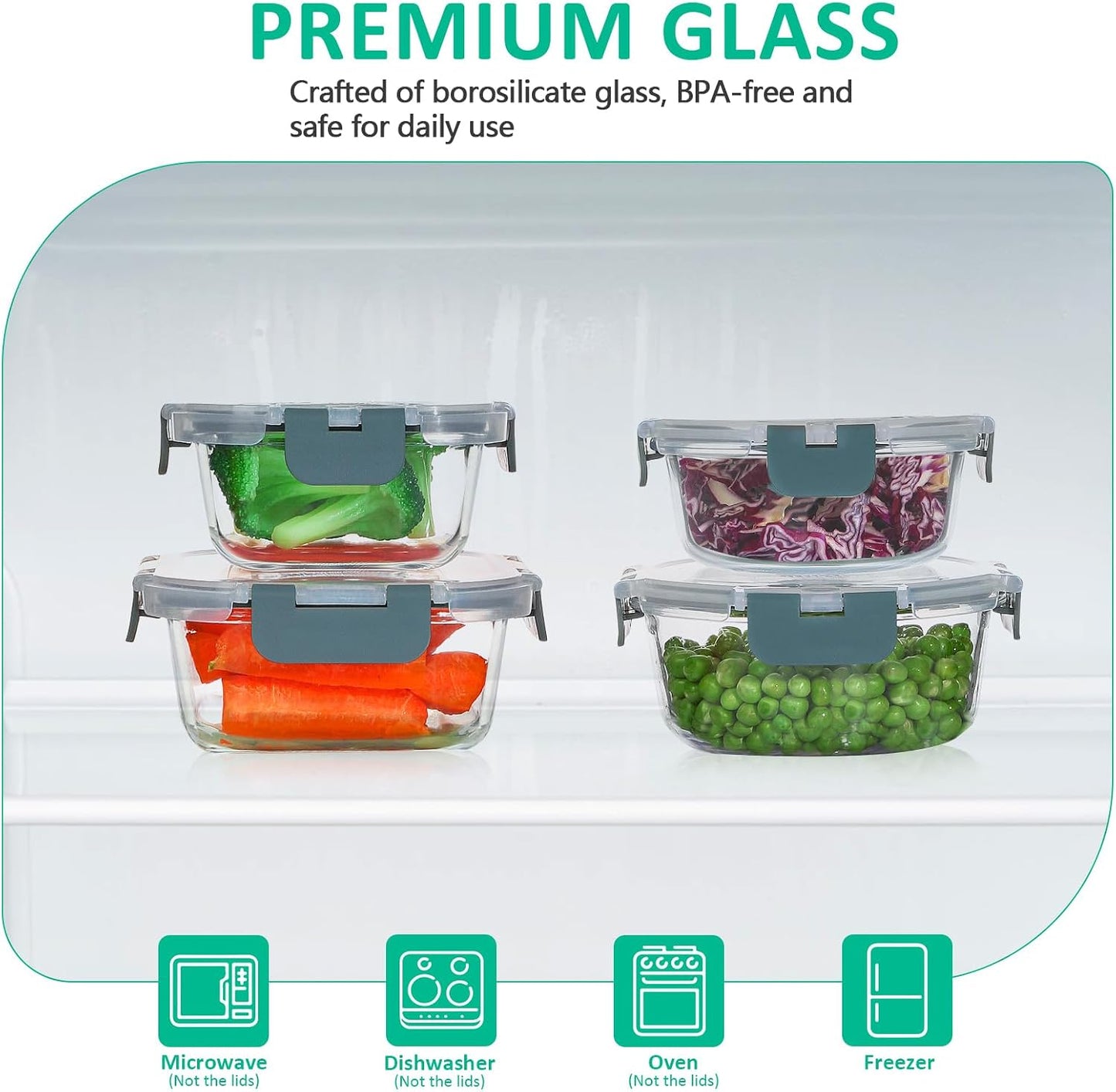 KOMUEE 24 Pieces Glass Food Storage Containers Set, Gray
