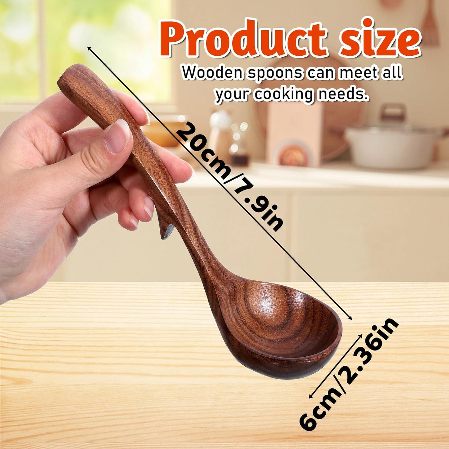 Gravy Ladle, Wooden Ladle for Soup Small 7.87 Inch Gravy Soup Spoon with Back Hooks Kitchen Woodn Scoop Deep Spoon for Spooning Gravies Sauces Porridge Sustainable Natural Texture