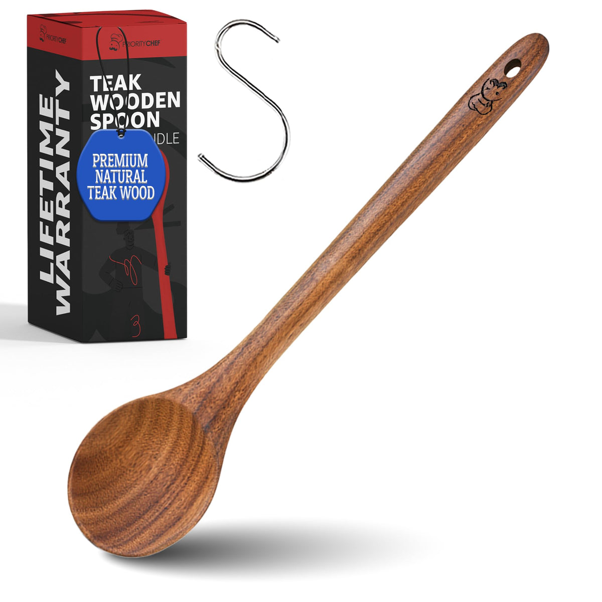 PriorityChef Premium Wooden Ladle for Soup - Handcrafted Teak Wooden Soup Spoon with Long Handle for Cooking and Serving - Deep Wood Ladel for Kitchen Use - Nonstick Safe Wood Ladle