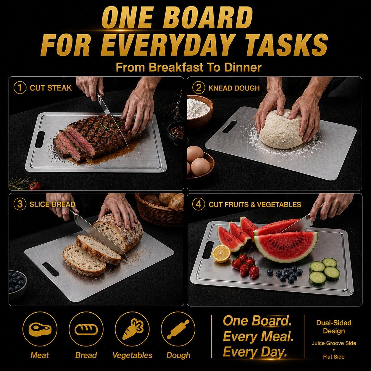 Titanium Cutting Board 100% Pure Metal, Double Sided Kitchen Chopping Board with Juice Groove, Dishwasher Safe Food-Grade Cutting Board for Meat, Vegetables & Fruit (medium)