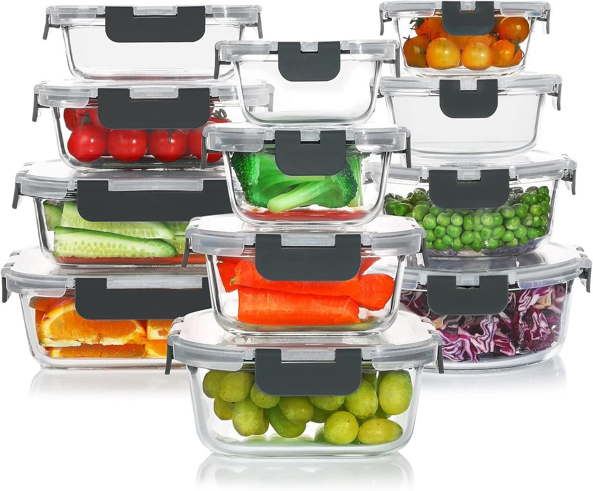 KOMUEE 24 Pieces Glass Food Storage Containers Set, Gray