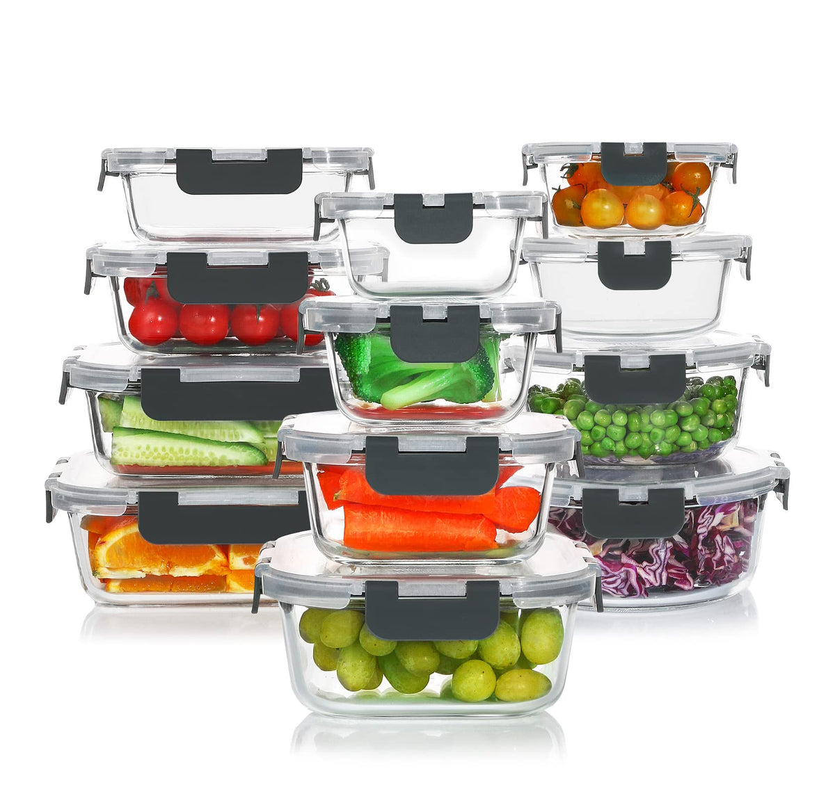 KOMUEE 24 Pieces Glass Food Storage Containers Set, Gray