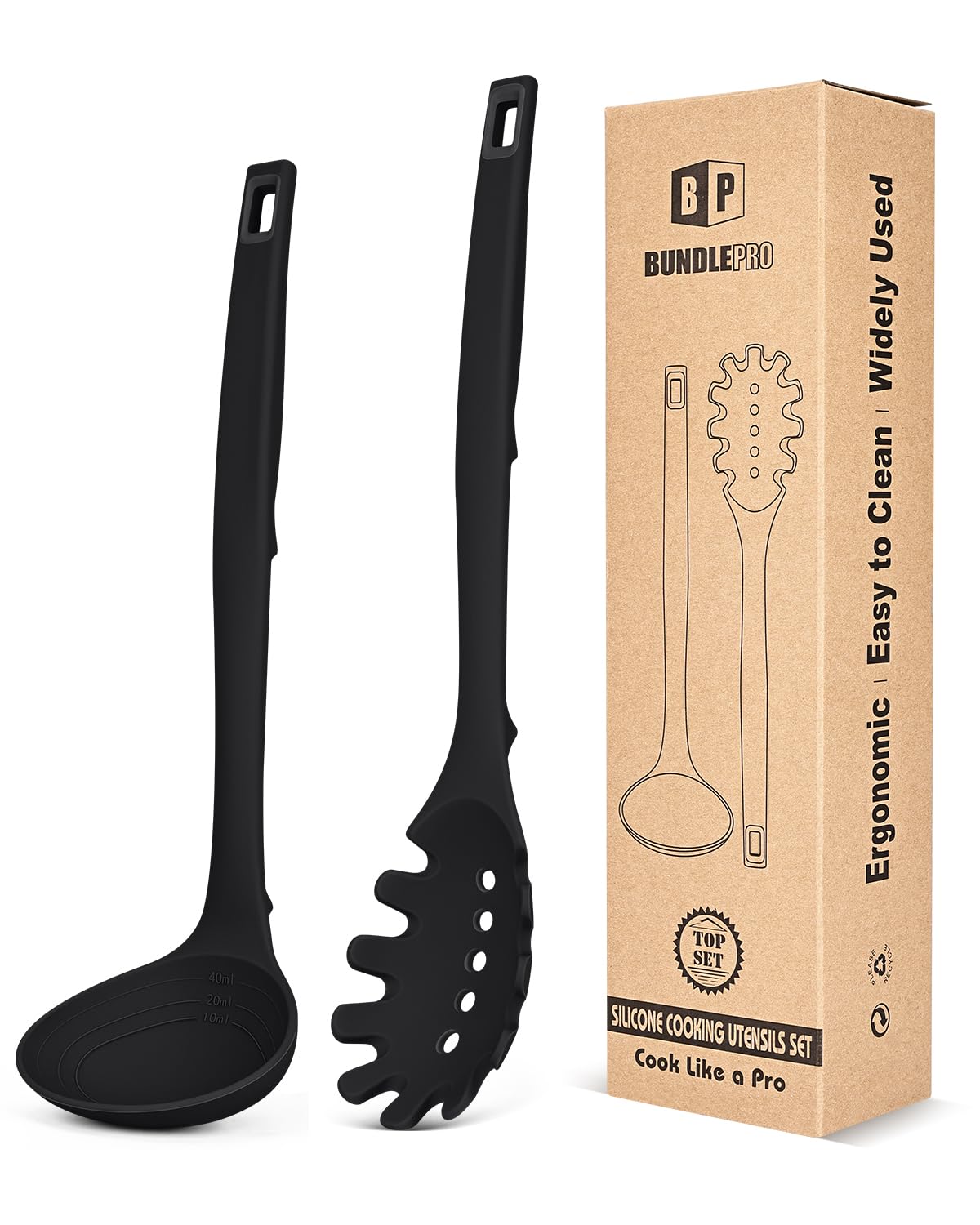 Silicone Pasta Fork and Soup Ladle Set, Heat Resistant Non Stick Kitchen Utensils with Back Hooks, Suitable for Cooking, Stirring, Serving Spaghetti, Soup, Sauce(KHAKI)