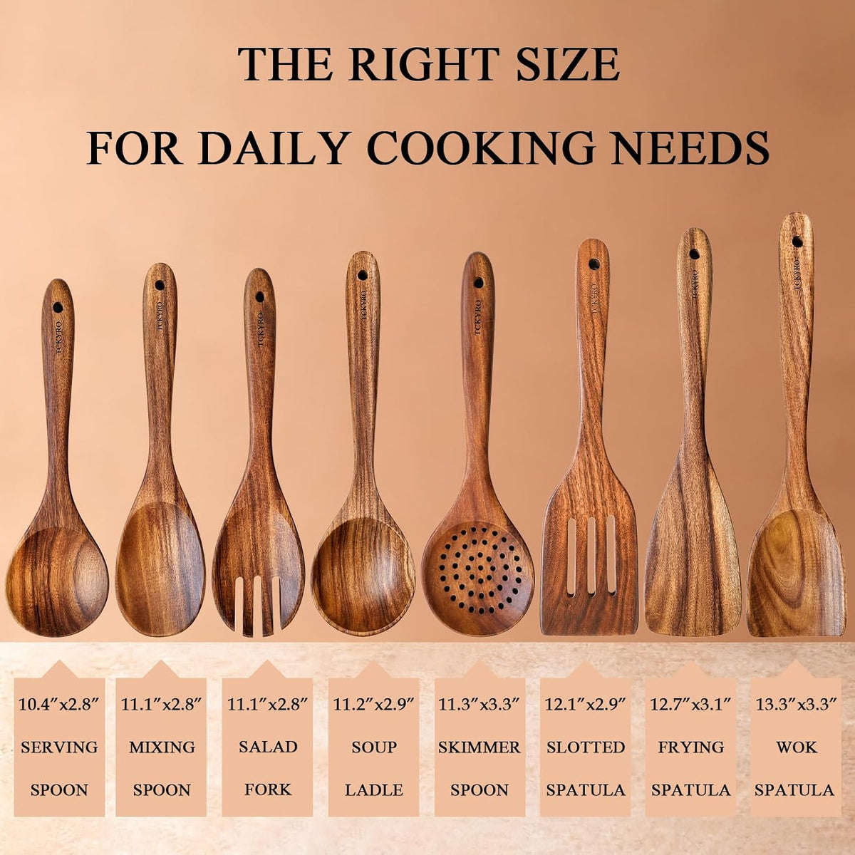 8 Piece Wooden Kitchen Utensils Set, Teak Wooden Spoons for Cooking