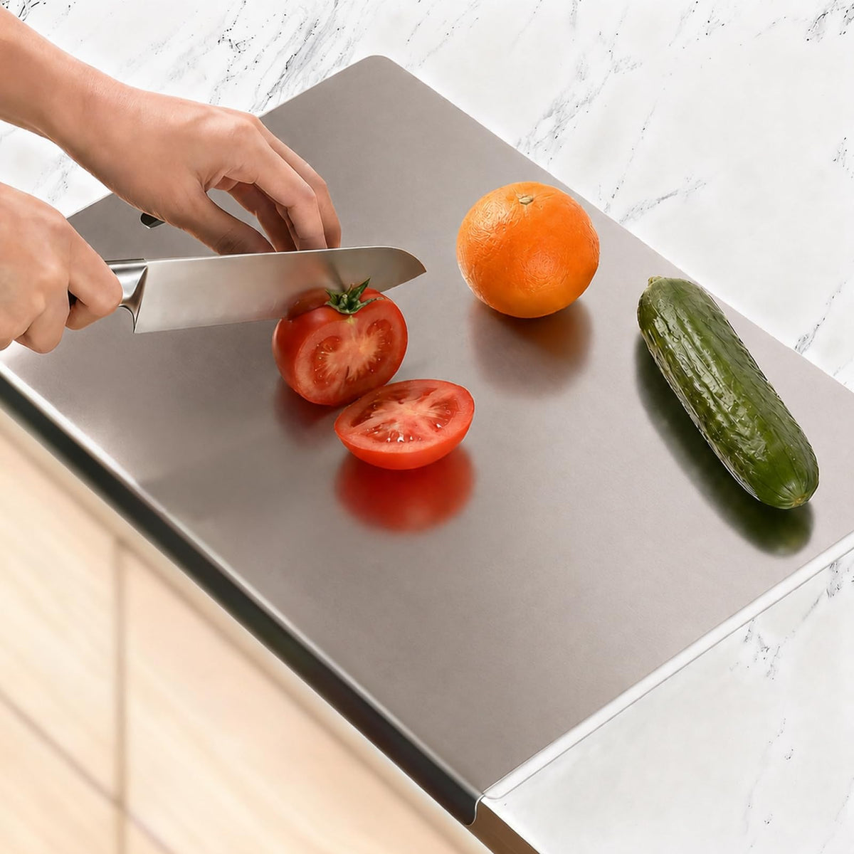 Large Stainless Steel Cutting Board with Lip for Kitchen, Chopping Boards with Blue Non-slip Mat, Cutting Board with Counter Lip for Meat, Fruits, Vegetables, Bread,Dough(15.7" × 11.8")