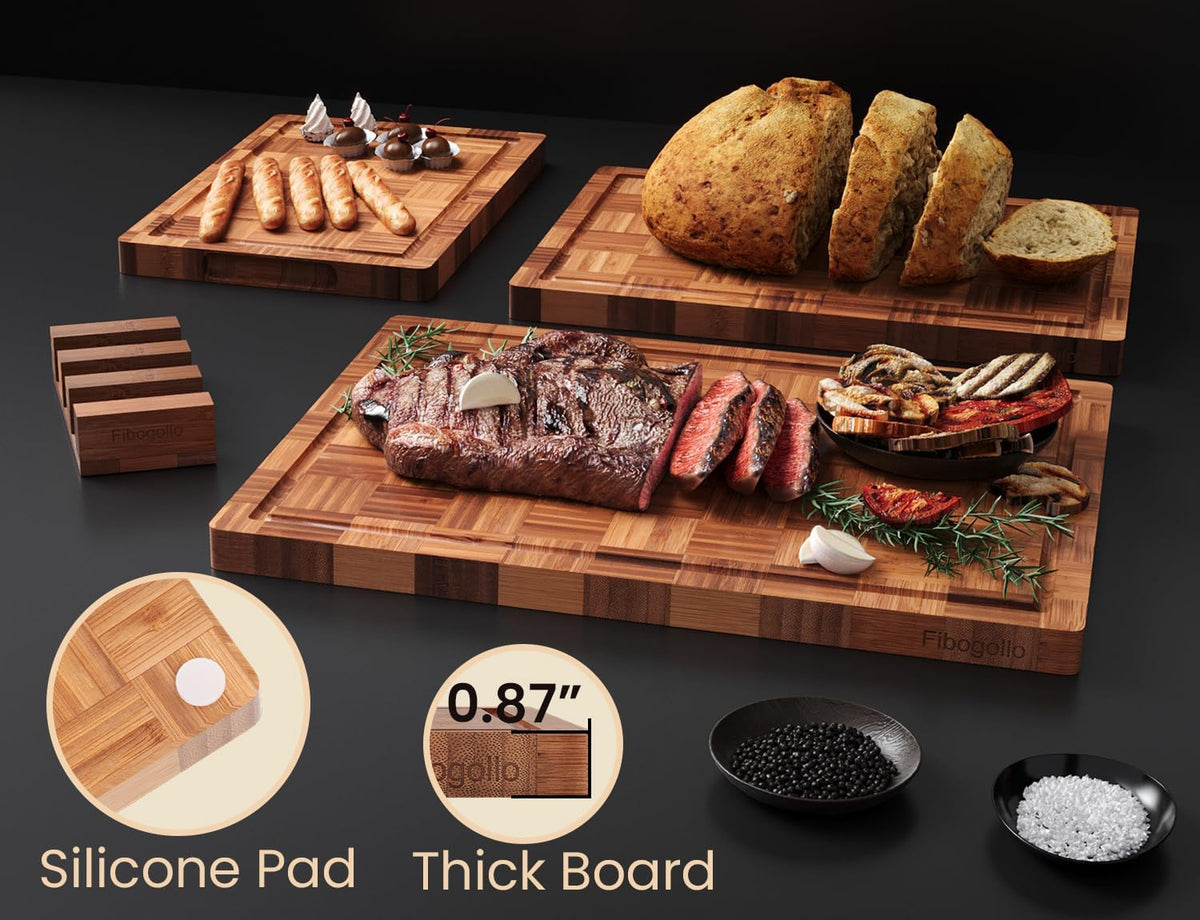 Fibogollo Set of 3 Bamboo Kitchen Cutting Boards with Juice Groove Large