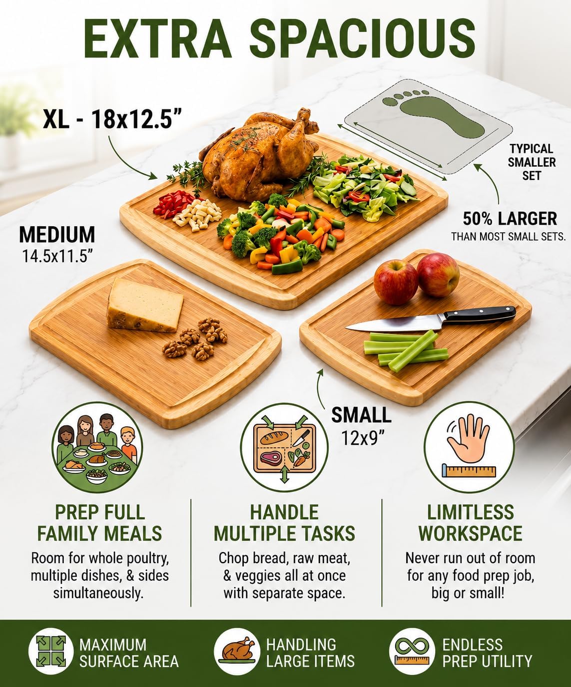 INDESTRUCTIBLE Extra Large Bamboo Cutting Board Set of 3 with Vertical Grain Strength Technology - XL Wood Cutting Boards for Kitchen and Lightweight Chopping Board Set - Replacements for Life
