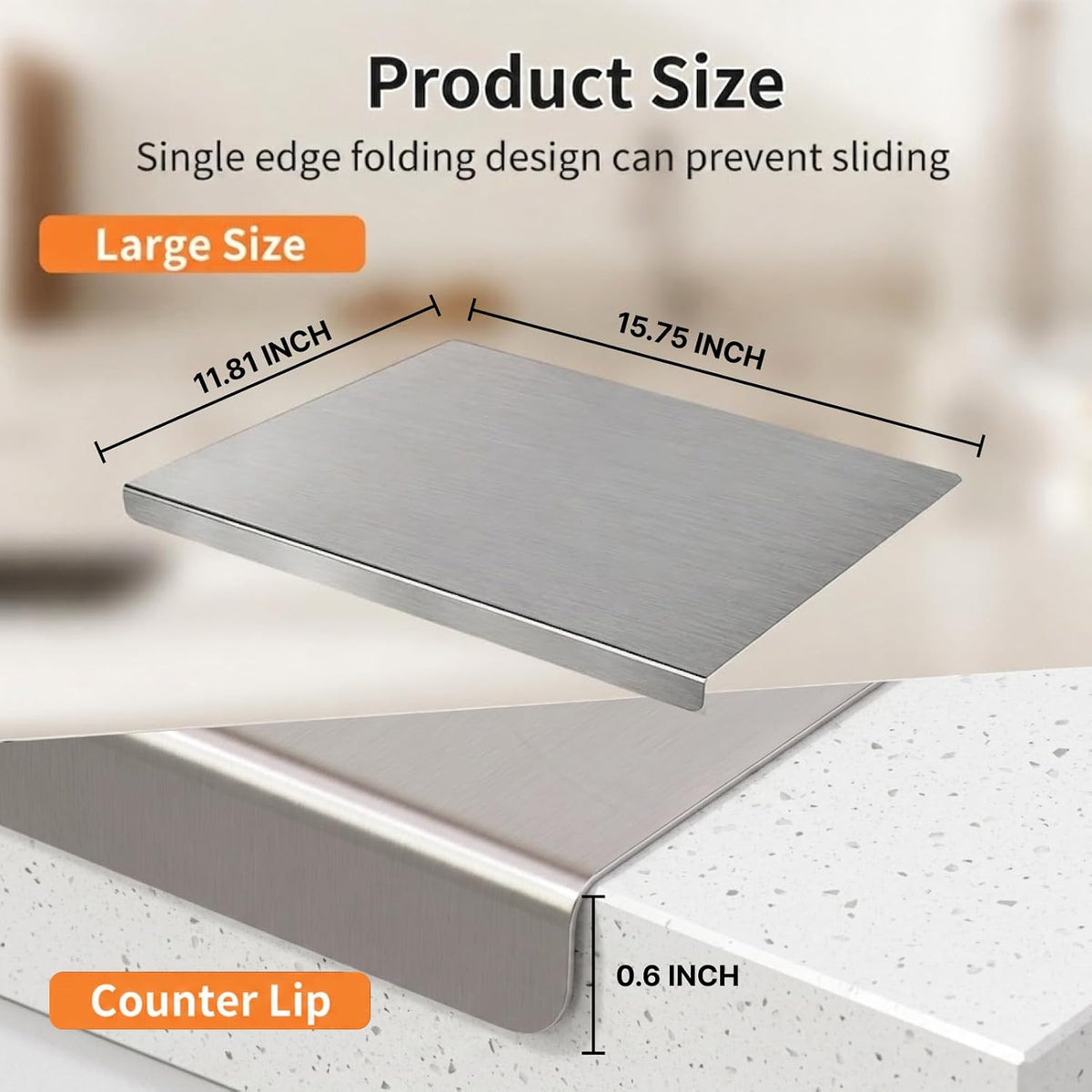 Large Stainless Steel Cutting Board with Lip for Kitchen, Chopping Boards with Blue Non-slip Mat, Cutting Board with Counter Lip for Meat, Fruits, Vegetables, Bread,Dough(15.7" × 11.8")