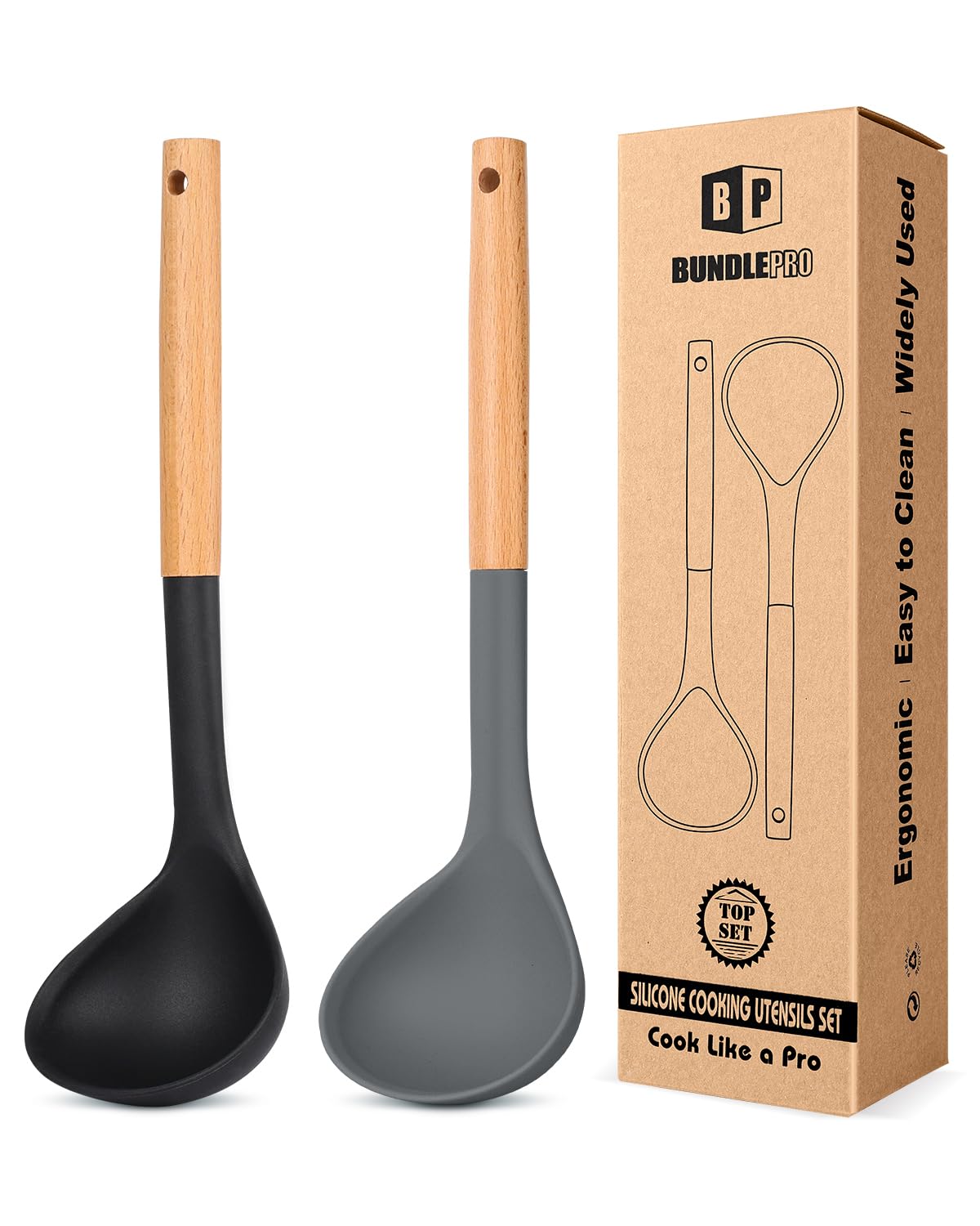 Pack of 2 Soup Ladle, Silicone Ladle Spoon with Wooden Handle, Large Non Stick High Heat Resistant Kitchen Utensils for Cooking, Stirring, Serving Soups(BLACK-GRAY)