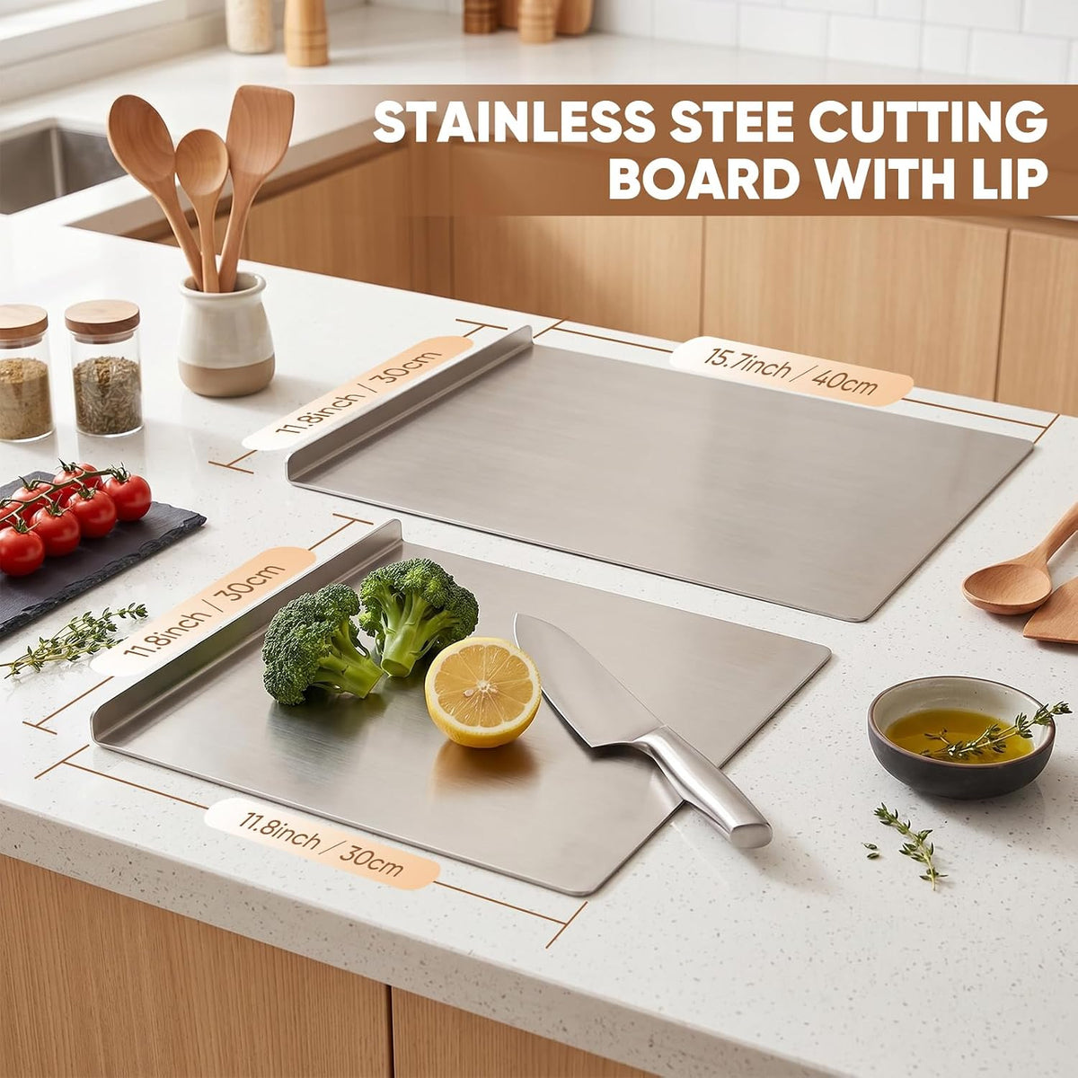 Sakerplus Stainless Steel Kitchen Cutting Board with Lip
