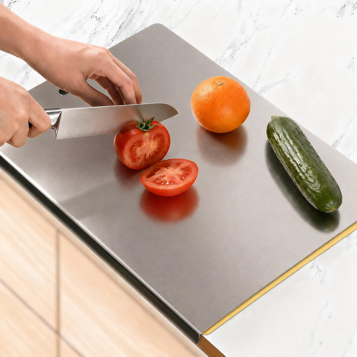 Large Stainless Steel Cutting Board with Lip for Kitchen, Chopping Boards with Blue Non-slip Mat, Cutting Board with Counter Lip for Meat, Fruits, Vegetables, Bread,Dough(15.7" × 11.8")